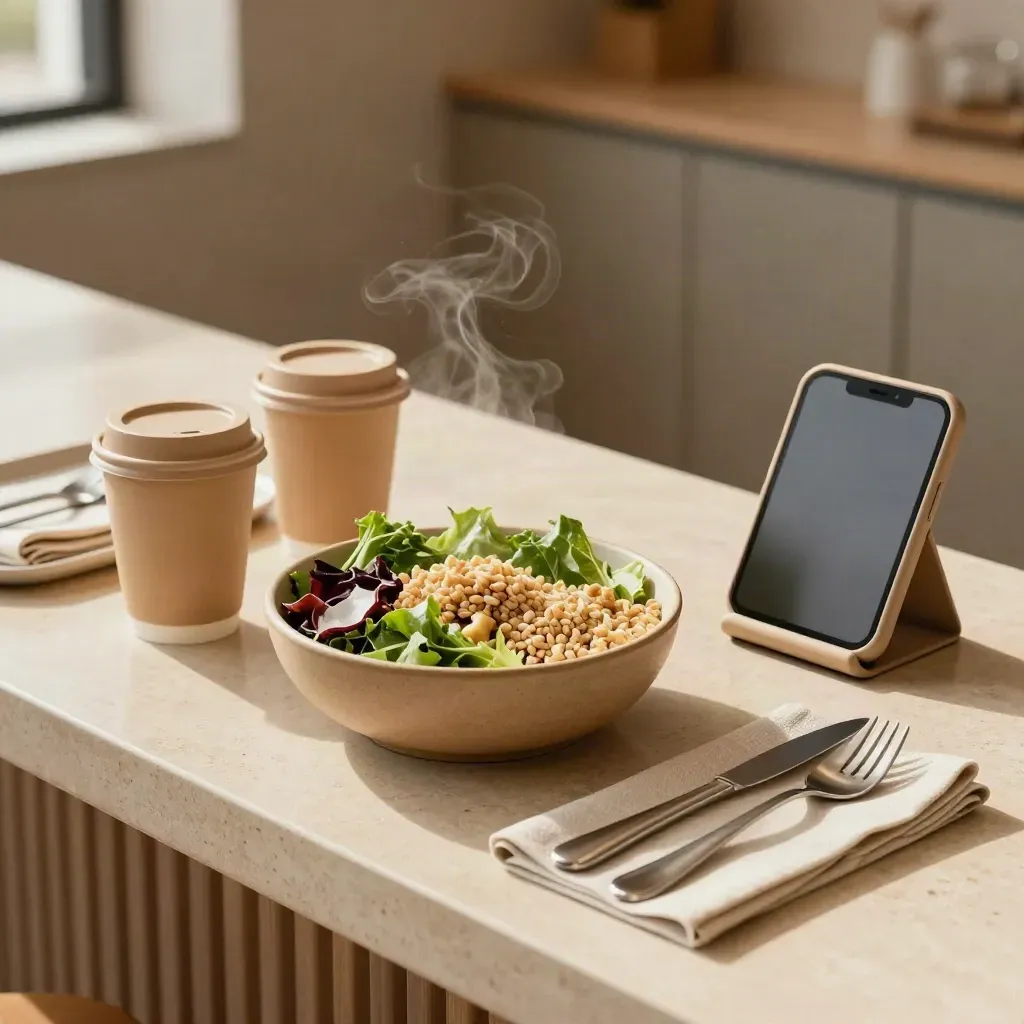 Luchtopname van lunchtrays, bekers, kom en telefoonstandaard op een zandkleurige toonbank.