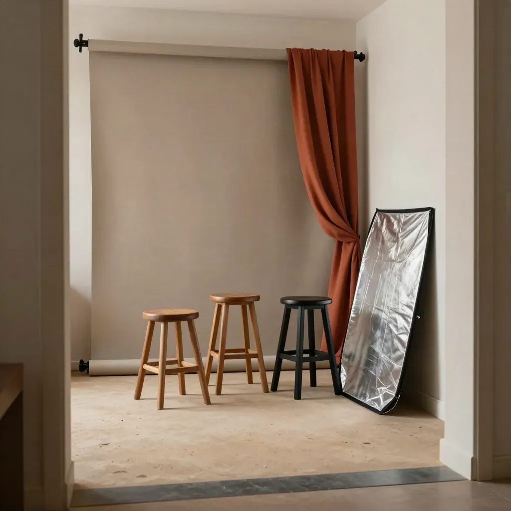 Lege portretstudio met krukken, achtergronddoek en reflector in warme terracottatinten.